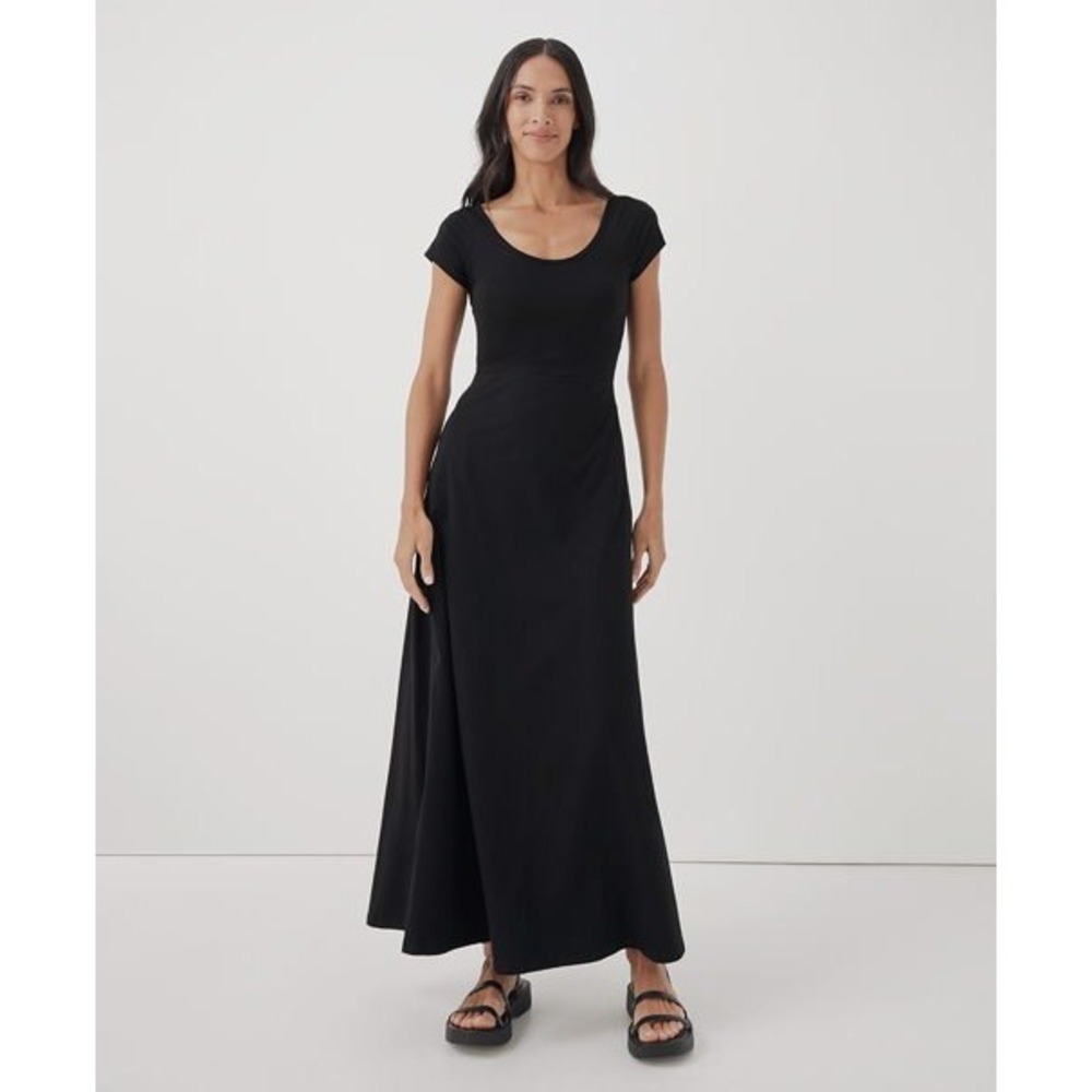 Pact Organic Cotton Black Maxi Dress Open Back Cutout Short Sleeve Women XS